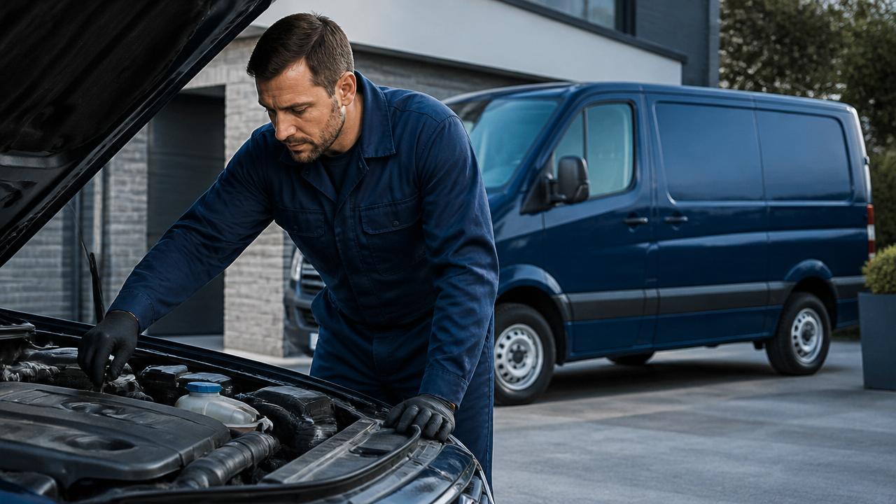Mobile mechanic working on a car with a navy service van in the background
